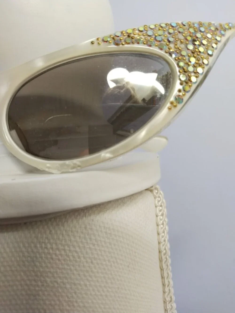 Vintage Cat Eye Sunglasses White Frame France Rhinestone Mirrored Lenses 60s Mod